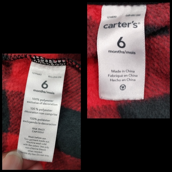 Carter’s Infant Baby Red & Black Buffalo Checkered  Plaid Fleece Zip Up Vest 6M - Picture 4 of 10